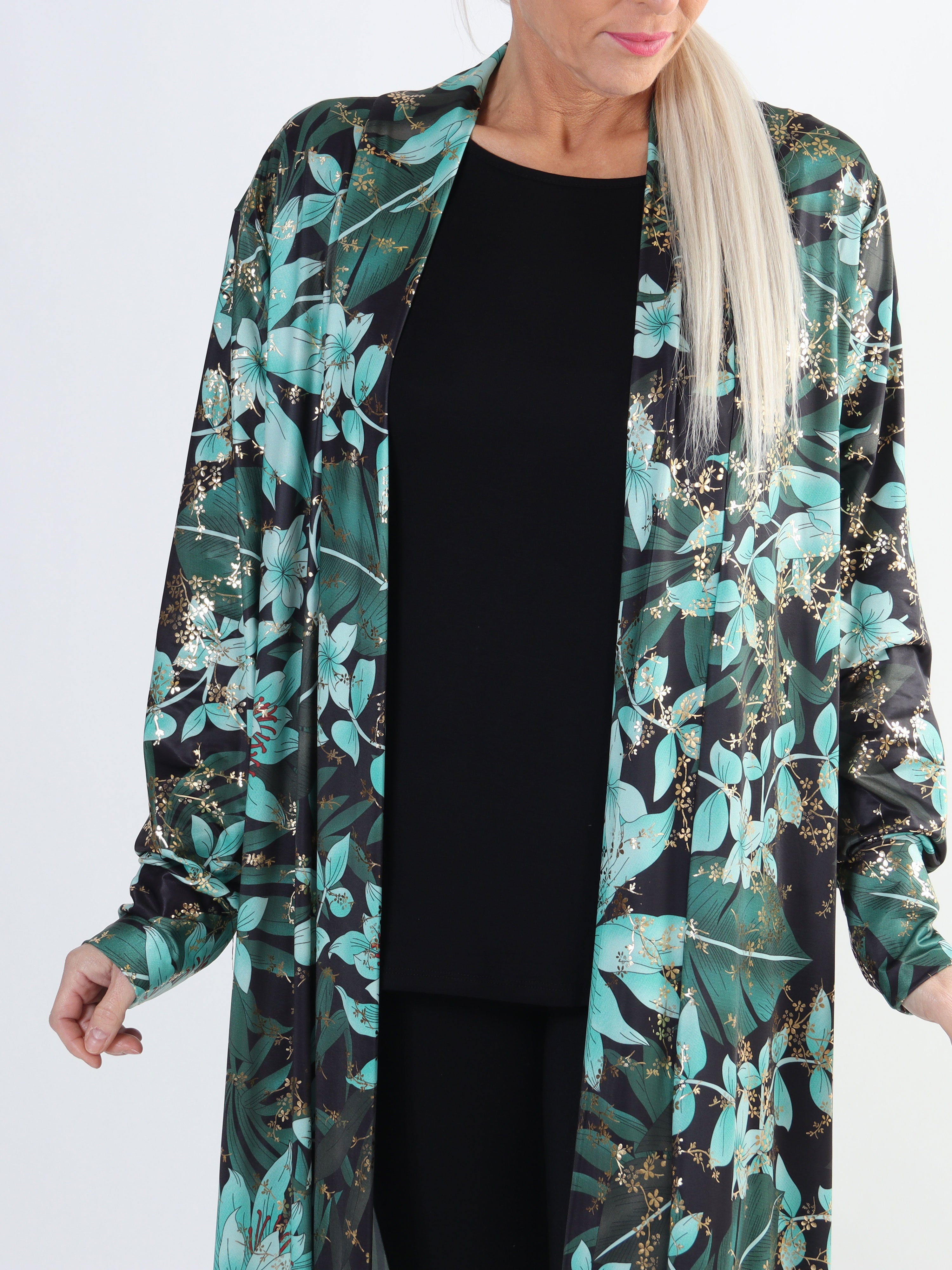 Mikkala Gold Flower - Elastisk plus size cardigan med tryck